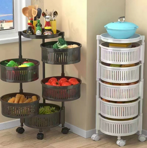 Round freestanding rotating storage shelf